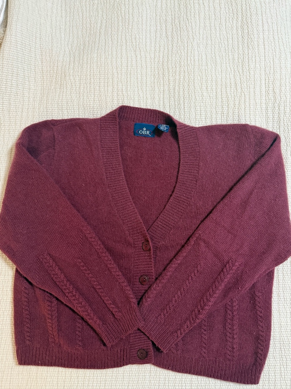 Vintage OBR Burgundy Cable Knit Cardigan Sweater Wool Angora Blend Chunky|Size L
